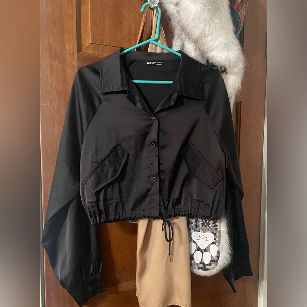 SHEIN Black Satin Cropped Drawstring Blouse Button Up Top